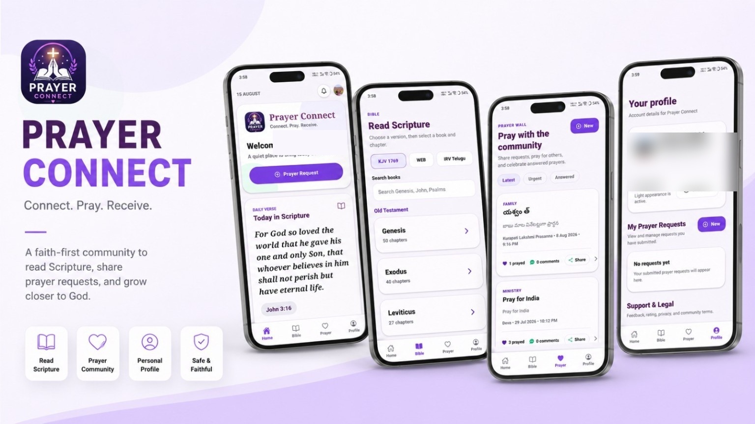Prayer Connect Android app launch artwork showing the app experience