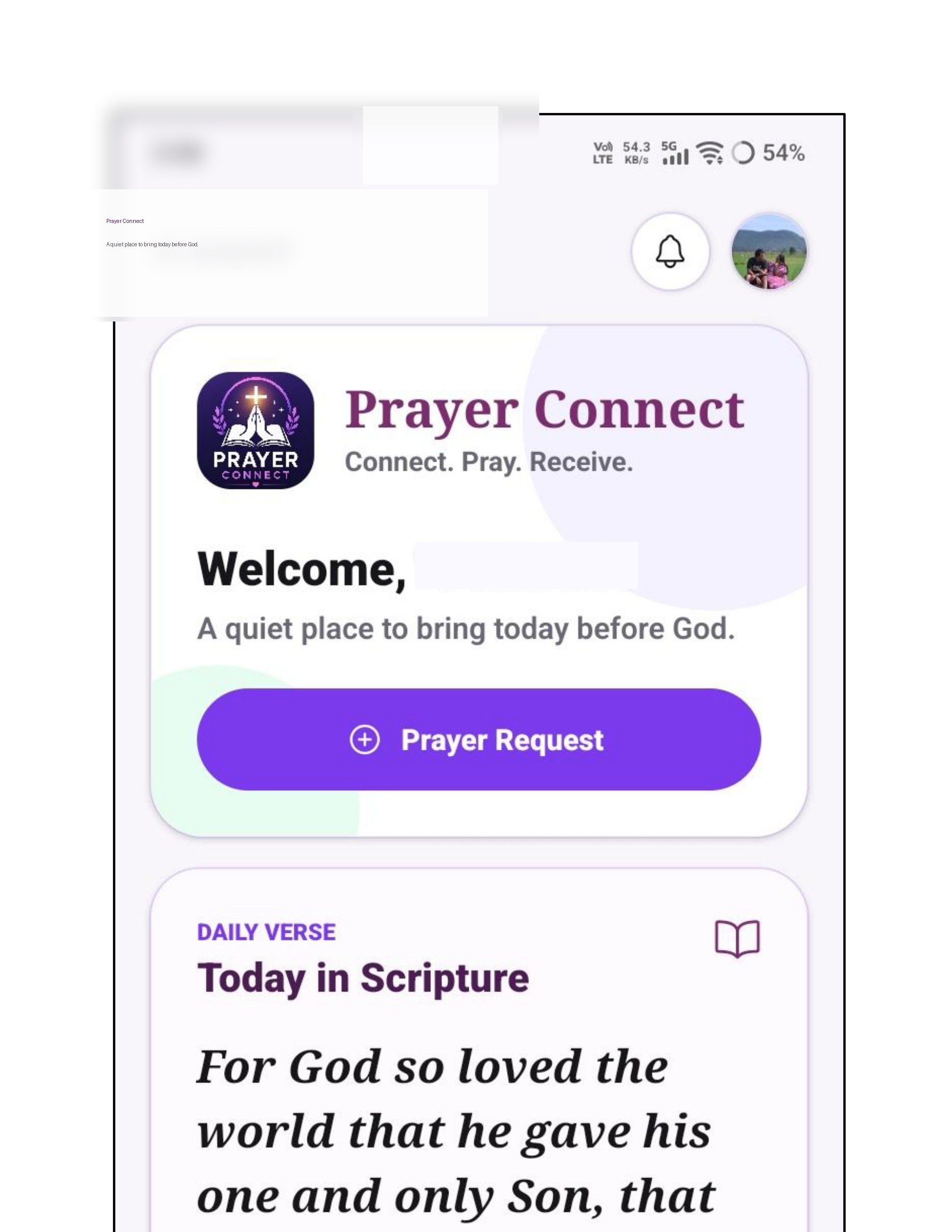 Prayer Connect mobile home screen showing welcome message, prayer request button and daily Scripture