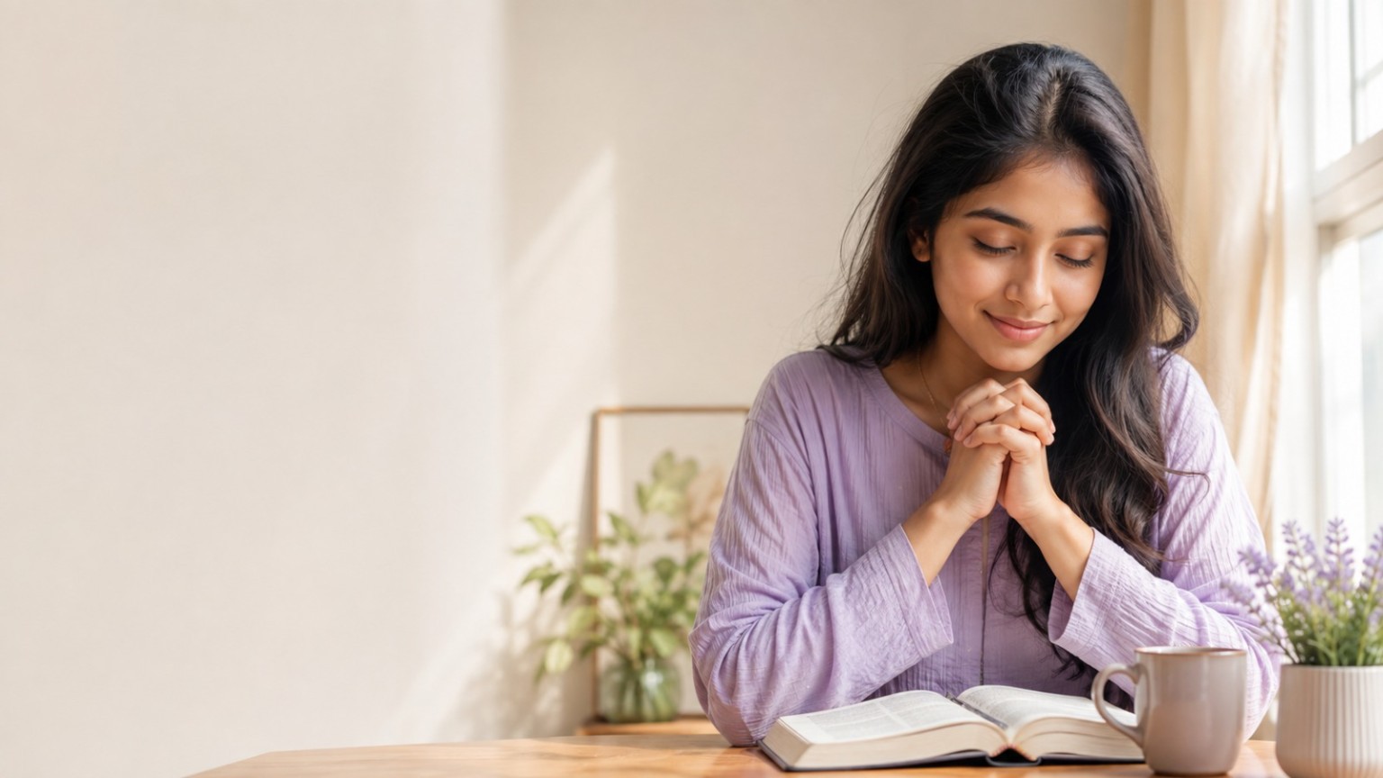 Woman in a quiet prayer moment with an open Bible
